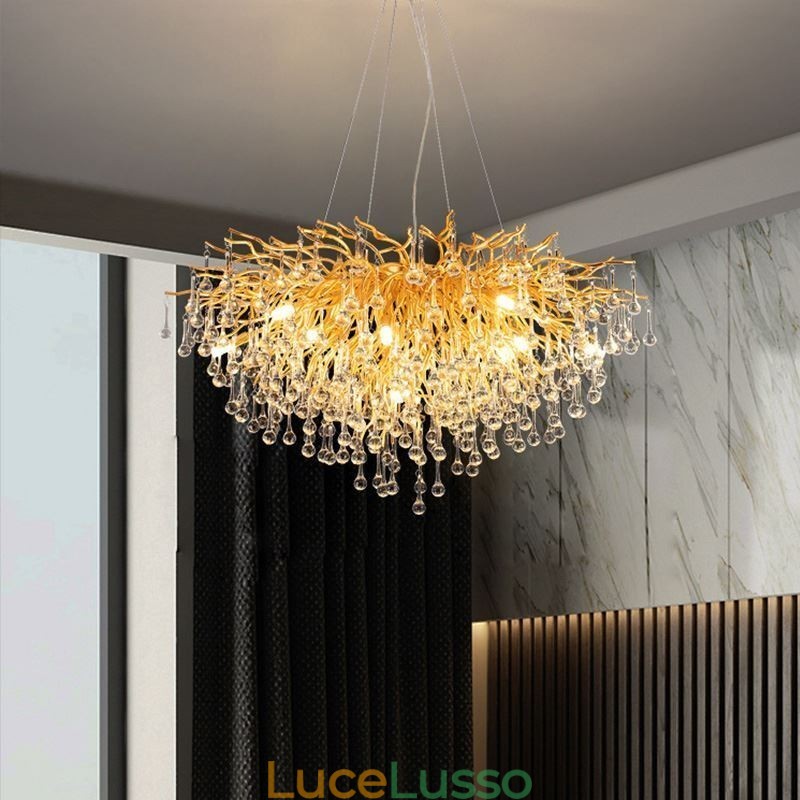 Lampadario di cristallo nordico con paralume rotondo a forma di fiore e luce pendente di lusso in oro