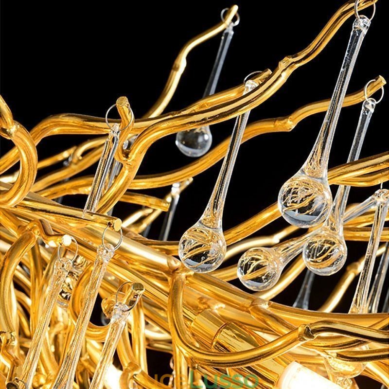 Lampadario di cristallo nordico con paralume rotondo a forma di fiore e luce pendente di lusso in oro