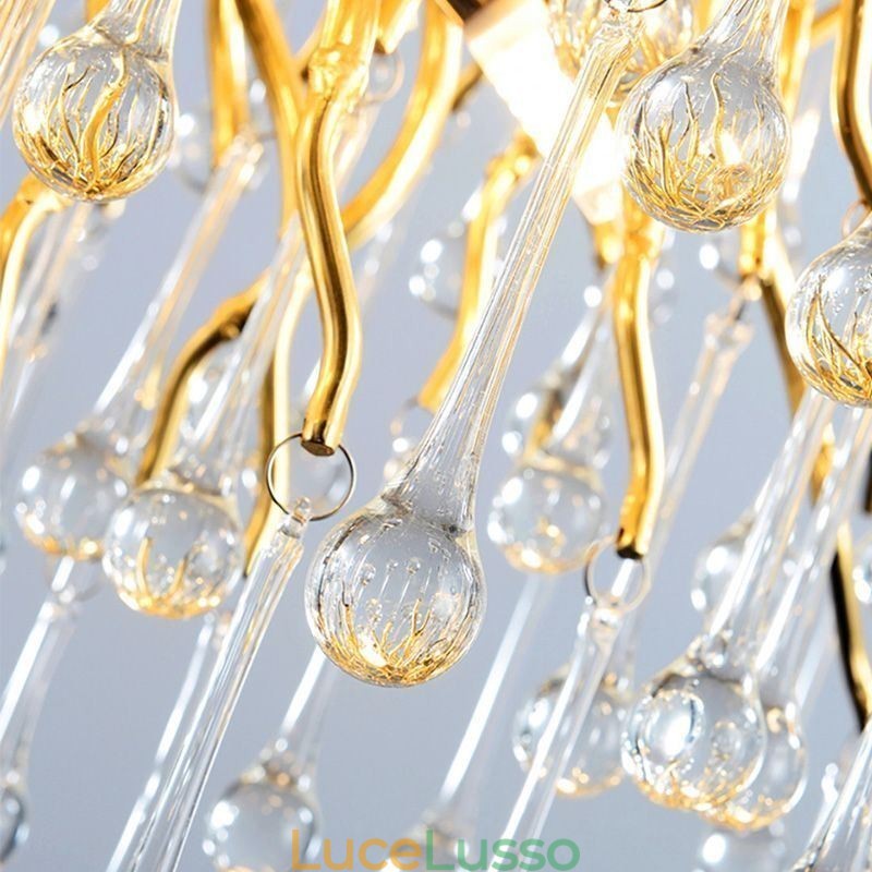 Lampadario di cristallo nordico con paralume rotondo a forma di fiore e luce pendente di lusso in oro