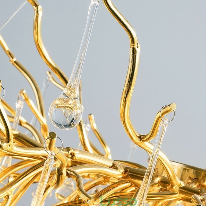 Lampadario di cristallo nordico con paralume rotondo a forma di fiore e luce pendente di lusso in oro