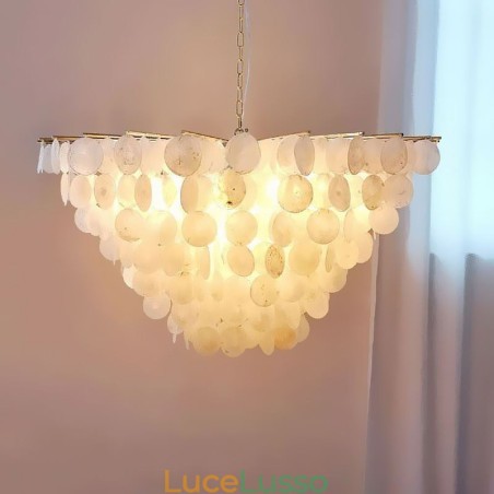 Lampadario a conchiglia naturale rotondo a strati, luce sospesa, sala da pranzo Lampadario a conchiglia naturale rotondo a strati, luce sospesa, sala da pranzo
