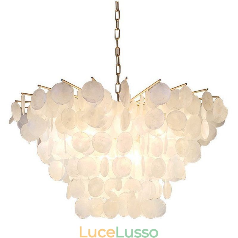 Lampadario a conchiglia naturale rotondo a strati, luce sospesa, sala da pranzo