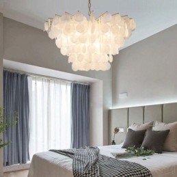 Lampadario a conchiglia naturale rotondo a strati, luce sospesa, sala da pranzo