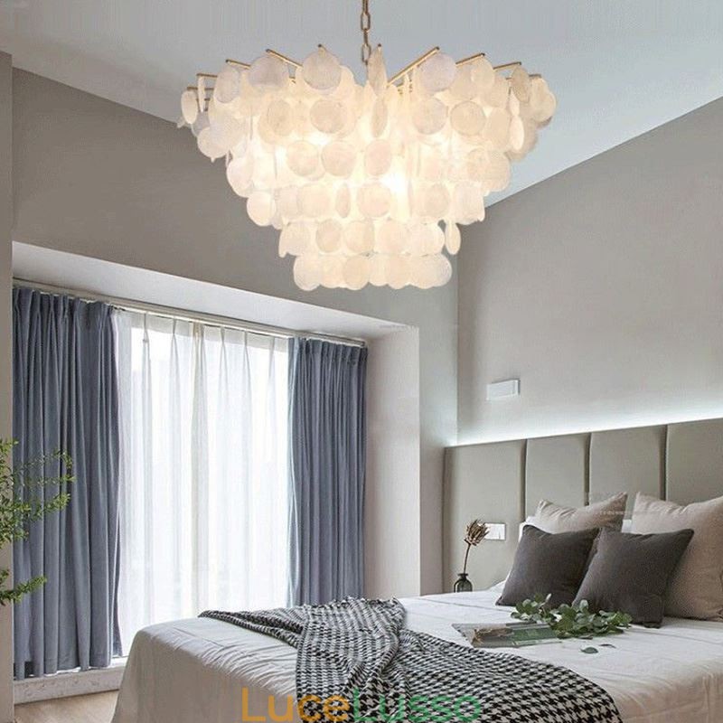 Lampadario a conchiglia naturale rotondo a strati, luce sospesa, sala da pranzo