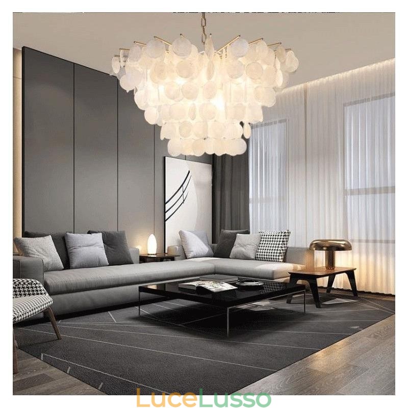 Lampadario a conchiglia naturale rotondo a strati, luce sospesa, sala da pranzo