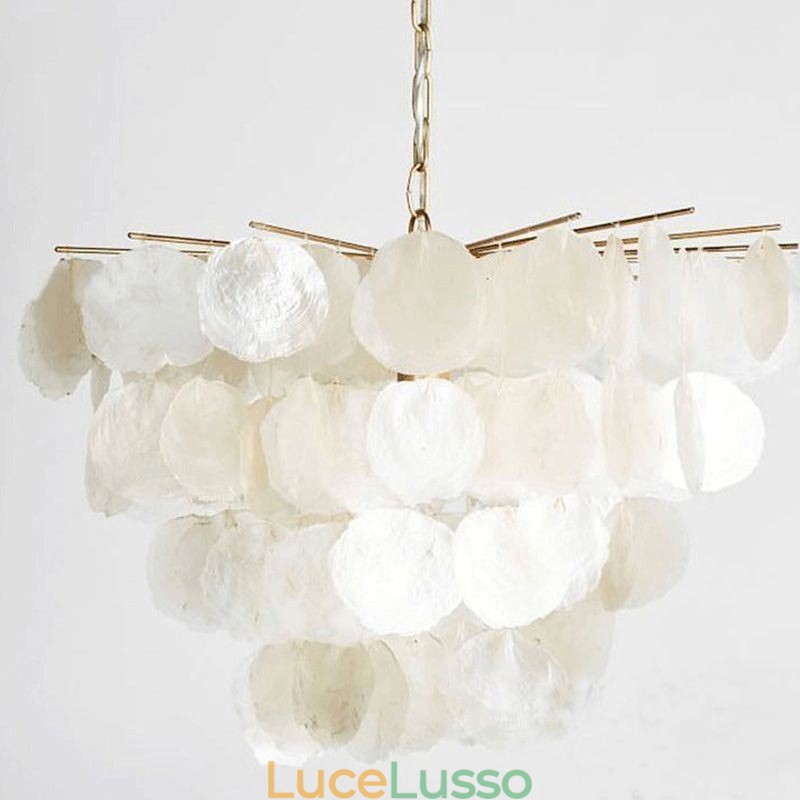 Lampadario a conchiglia naturale rotondo a strati, luce sospesa, sala da pranzo