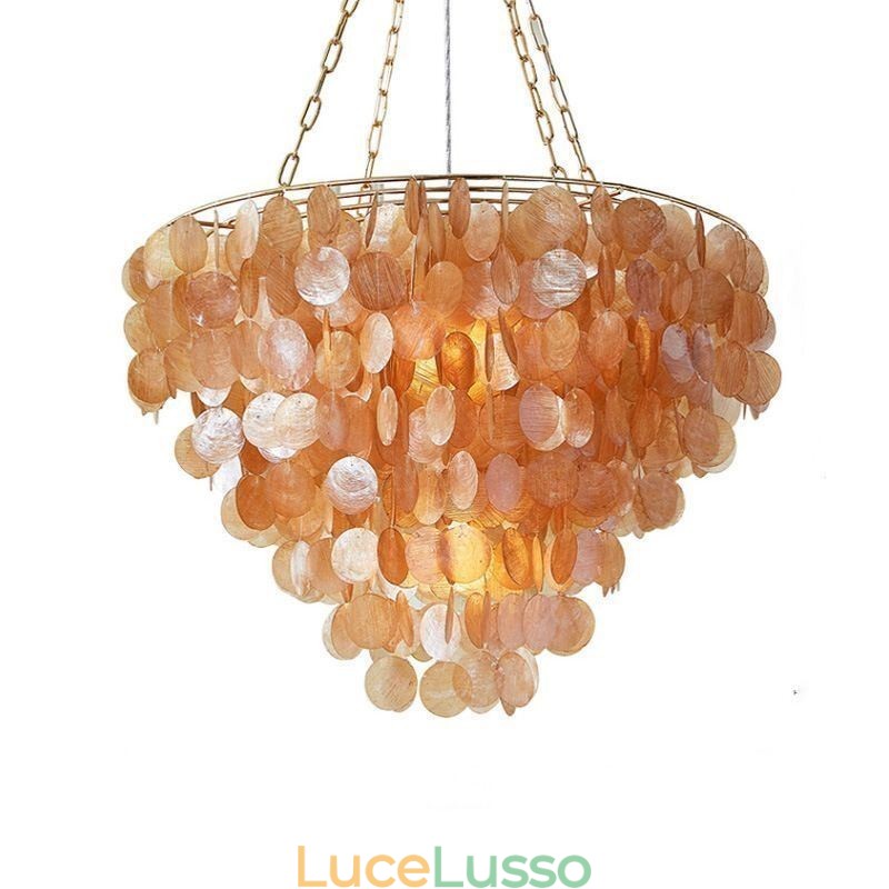Lampadario a conchiglia naturale rotondo a strati marrone chiaro nero