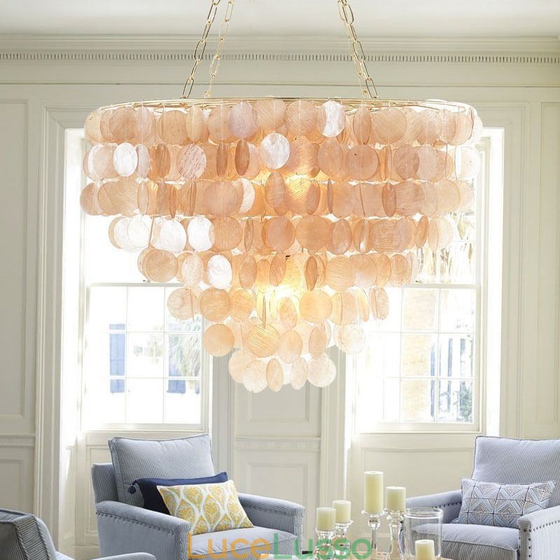 Lampadario a conchiglia naturale rotondo a strati marrone chiaro nero