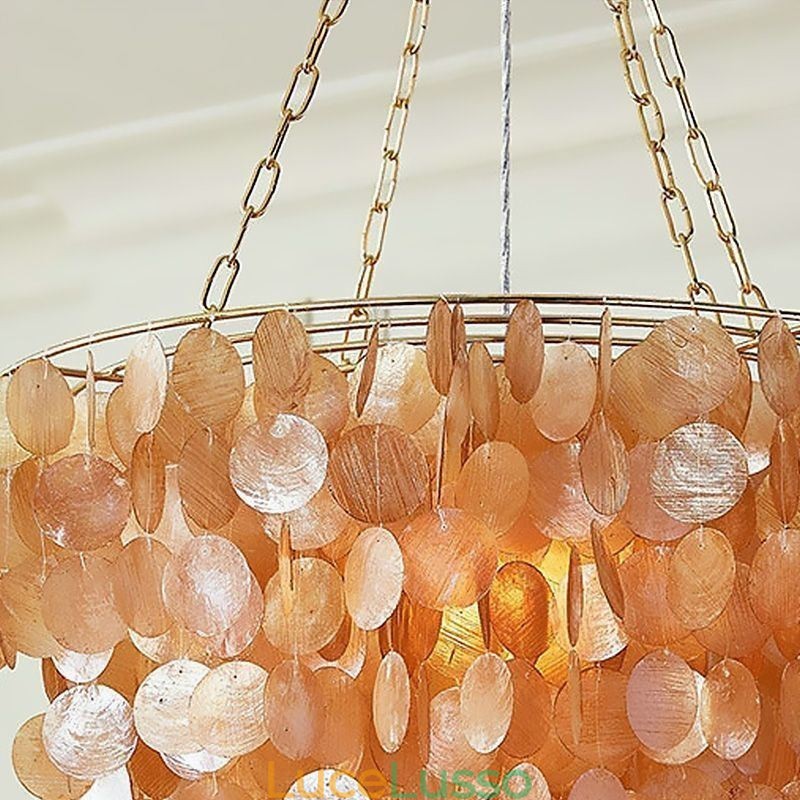 Lampadario a conchiglia naturale rotondo a strati marrone chiaro nero