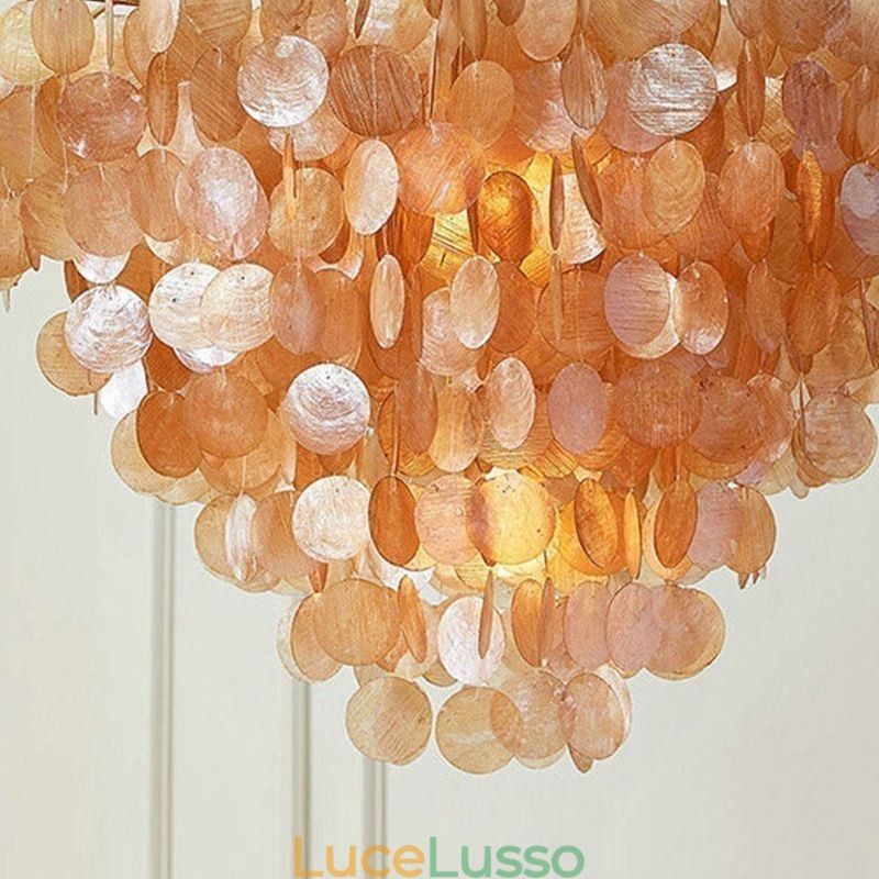 Lampadario a conchiglia naturale rotondo a strati marrone chiaro nero