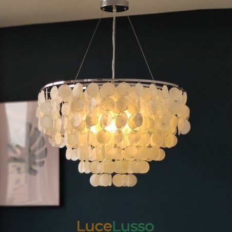 Lampadario a sospensione a conchiglia Capiz, lampadario a strati rotondo naturale Lampadario a sospensione a conchiglia Capiz, lampadario a strati rotondo naturale
