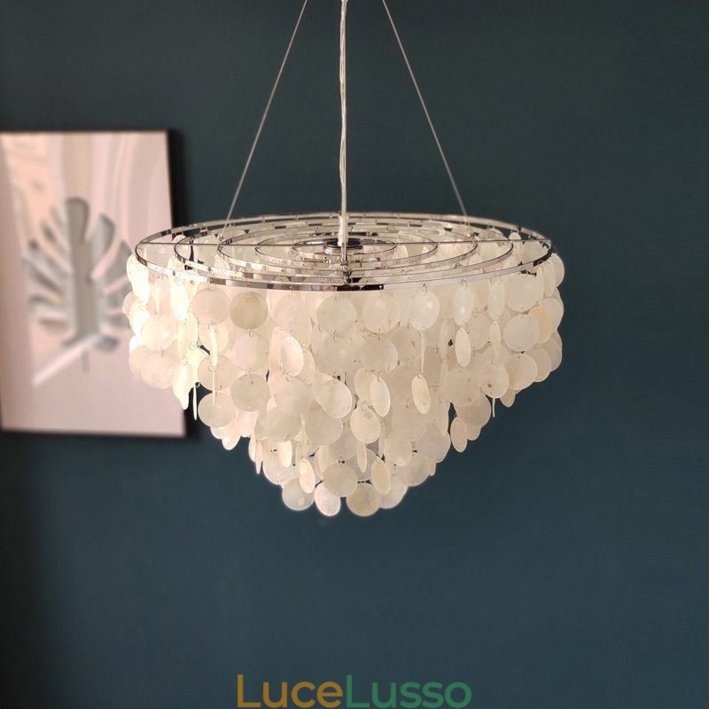 Lampadario a sospensione a conchiglia Capiz, lampadario a strati rotondo naturale