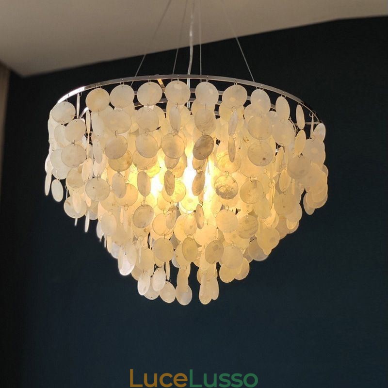 Lampadario a sospensione a conchiglia Capiz, lampadario a strati rotondo naturale