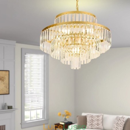 Lampada a sospensione in cristallo dorato, 4 livelli, illuminazione da soffitto, 7 luci Lampada a sospensione in cristallo dorato, 4 livelli, illuminazione da soffitto, 7 luci