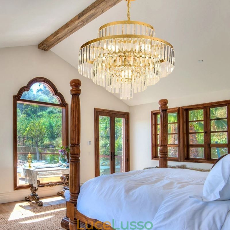 Lampada a sospensione in cristallo dorato, 4 livelli, illuminazione da soffitto, 7 luci