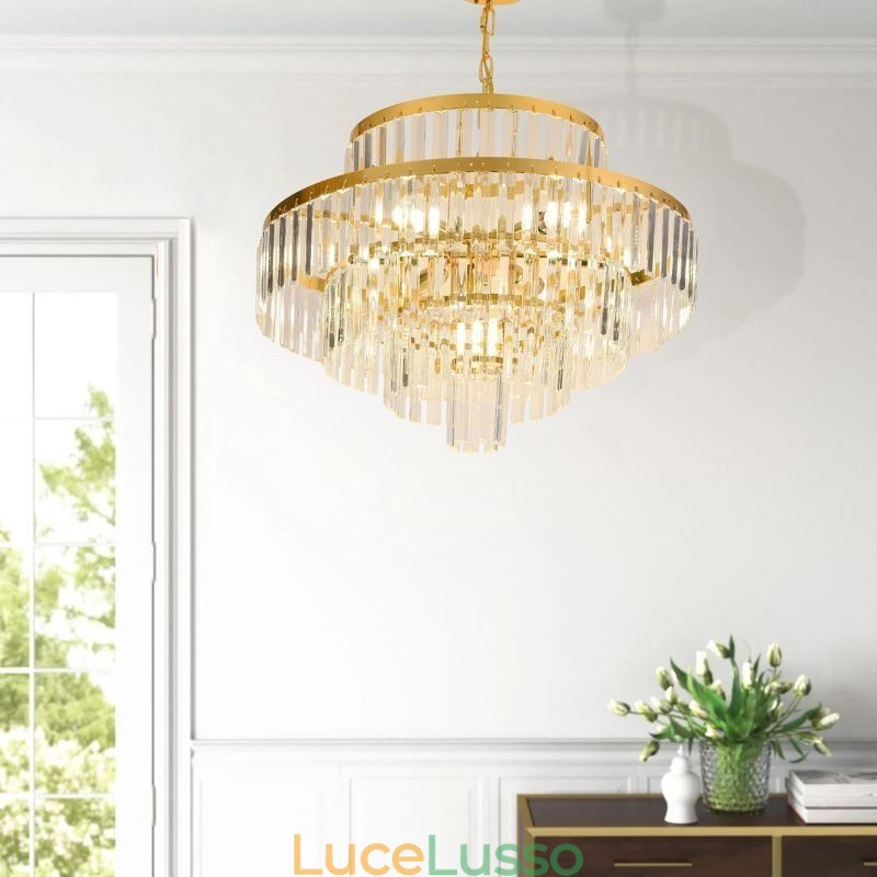 Lampada a sospensione in cristallo dorato, 4 livelli, illuminazione da soffitto, 7 luci