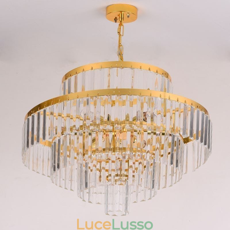 Lampada a sospensione in cristallo dorato, 4 livelli, illuminazione da soffitto, 7 luci