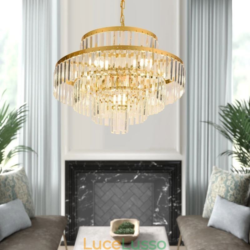 Lampada a sospensione in cristallo dorato, 4 livelli, illuminazione da soffitto, 7 luci
