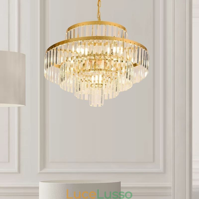 Lampada a sospensione in cristallo dorato, 4 livelli, illuminazione da soffitto, 7 luci