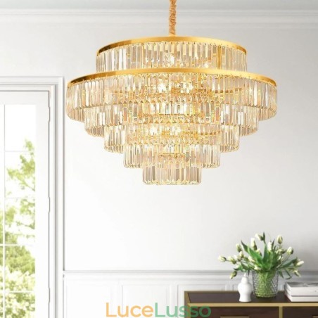 Lampada a sospensione in cristallo dorato, 5 livelli, illuminazione da soffitto, 7 luci Lampada a sospensione in cristallo dorato, 5 livelli, illuminazione da soffitto, 7 luci