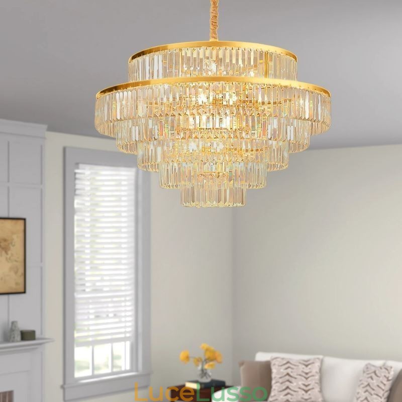 Lampada a sospensione in cristallo dorato, 5 livelli, illuminazione da soffitto, 7 luci