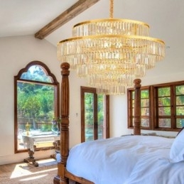 Lampada a sospensione in cristallo dorato, 5 livelli, illuminazione da soffitto, 7 luci