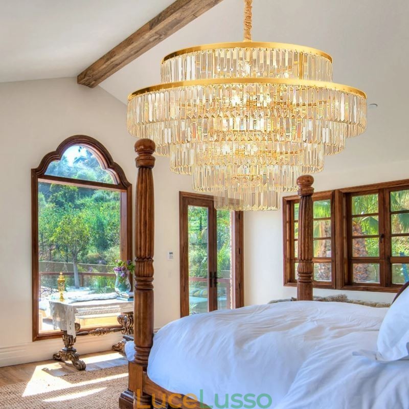 Lampada a sospensione in cristallo dorato, 5 livelli, illuminazione da soffitto, 7 luci