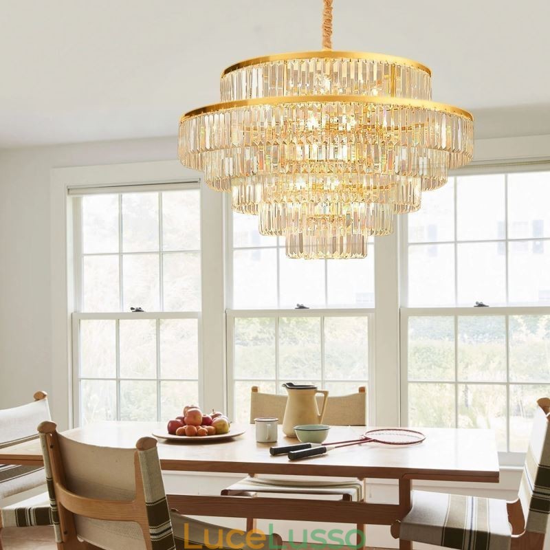Lampada a sospensione in cristallo dorato, 5 livelli, illuminazione da soffitto, 7 luci