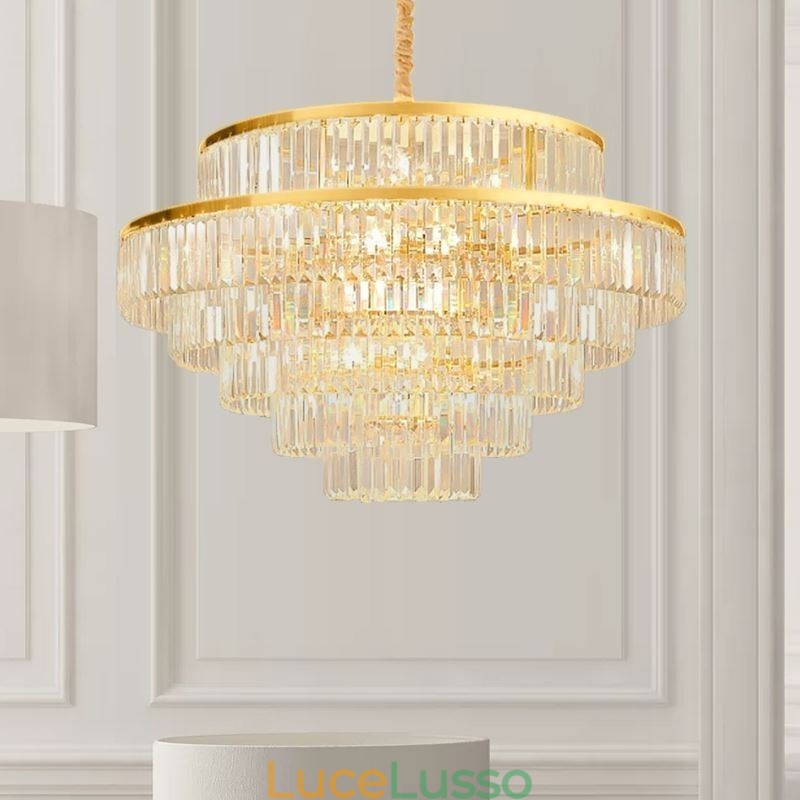 Lampada a sospensione in cristallo dorato, 5 livelli, illuminazione da soffitto, 7 luci