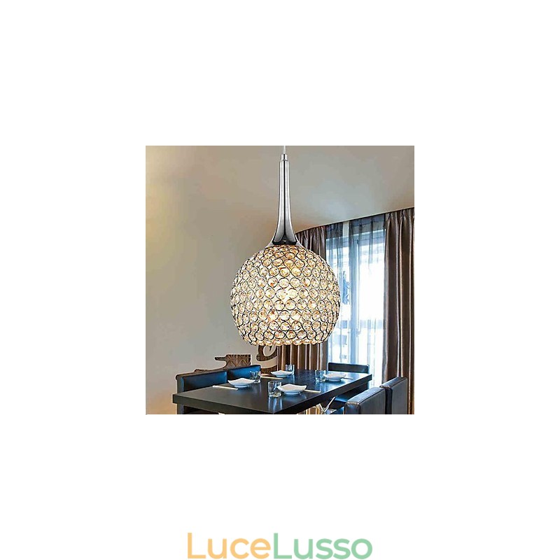 Lampadario moderno contemporaneo in metallo cromato e cristallo