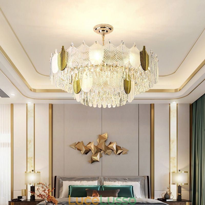 Lampada a sospensione a forma di foglia di lusso, lampada da soffitto in cristallo
