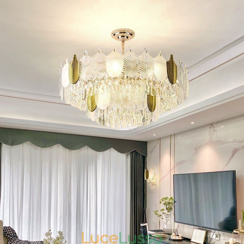 Lampada a sospensione a forma di foglia di lusso, lampada da soffitto in cristallo