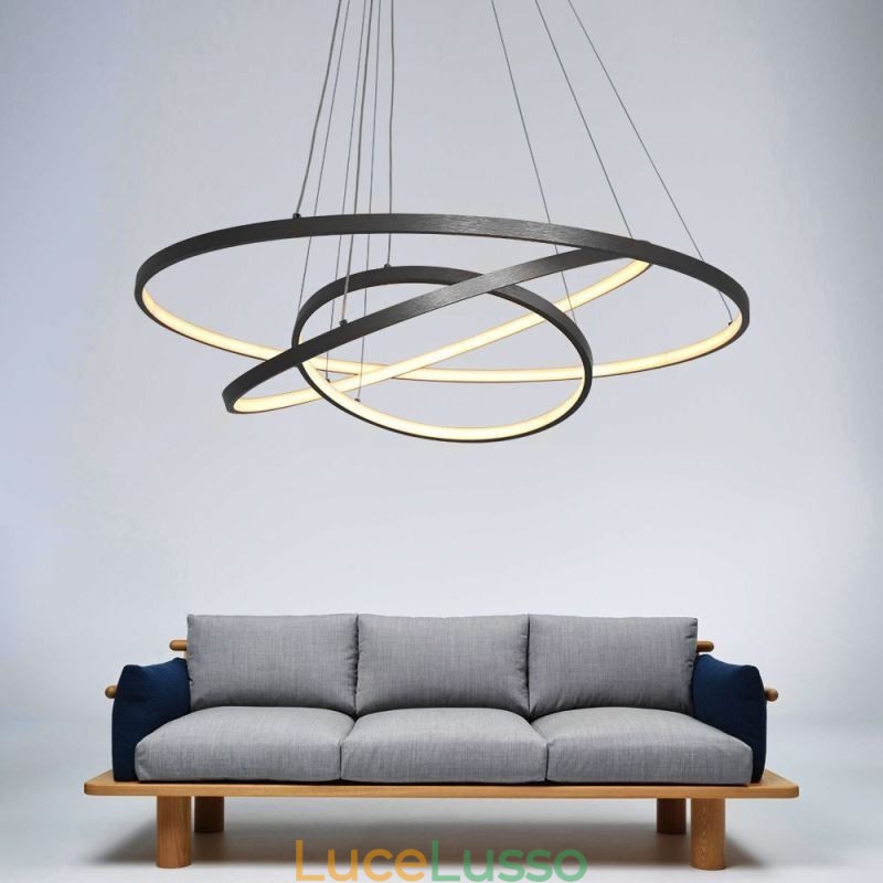 Lampada a sospensione moderna in alluminio nero con 3 anelli
