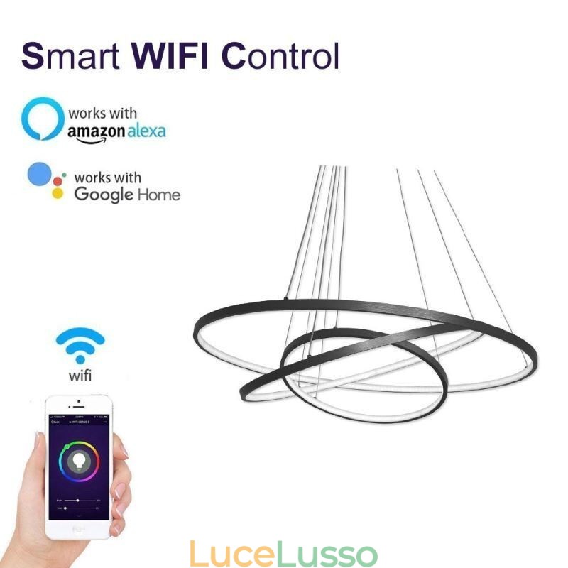 Lampada a sospensione moderna in alluminio nero con 3 anelli
