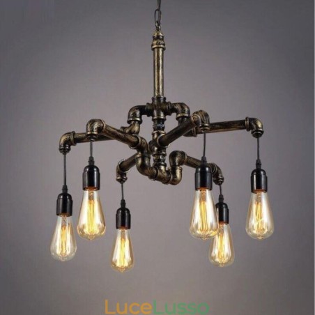 Lampadario a sospensione con tubo dell'acqua vintage industriale retrò a 6 luci, stile rustico country Lampadario a sospensione con tubo dell'acqua vintage industriale retrò a 6 luci, stile rustico country