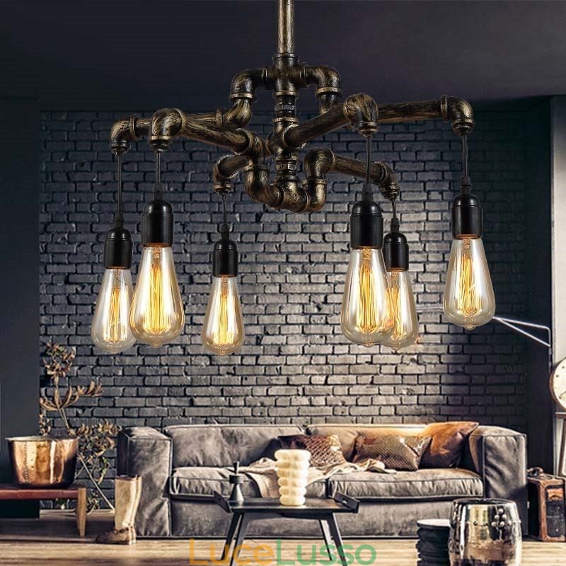 Lampadario a sospensione con tubo dell'acqua vintage industriale retrò a 6 luci, stile rustico country
