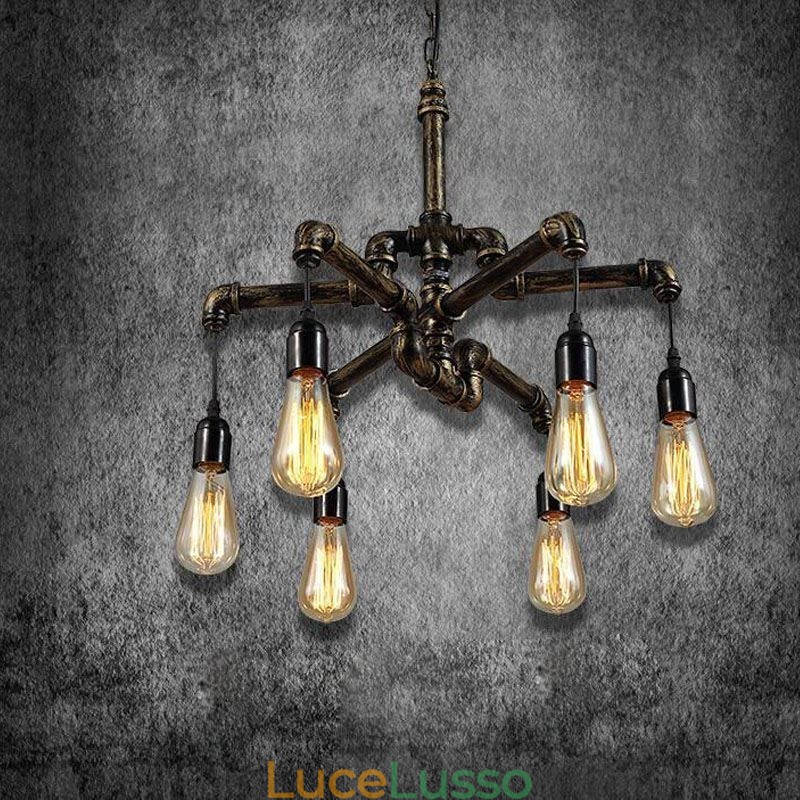 Lampadario a sospensione con tubo dell'acqua vintage industriale retrò a 6 luci, stile rustico country