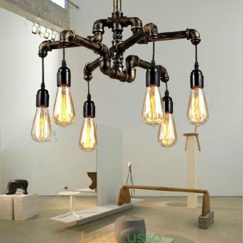 Lampadario a sospensione con tubo dell'acqua vintage industriale retrò a 6 luci, stile rustico country