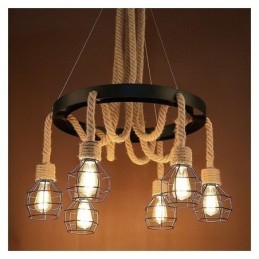 Lampadario a sospensione in corda di canapa con 6 teste in stile retrò e paralume in ferro