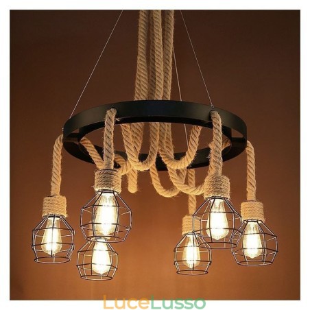 Lampadario a sospensione in corda di canapa con 6 teste in stile retrò e paralume in ferro Lampadario a sospensione in corda di canapa con 6 teste in stile retrò e paralume in ferro