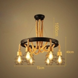 Lampadario a sospensione in corda di canapa con 6 teste in stile retrò e paralume in ferro