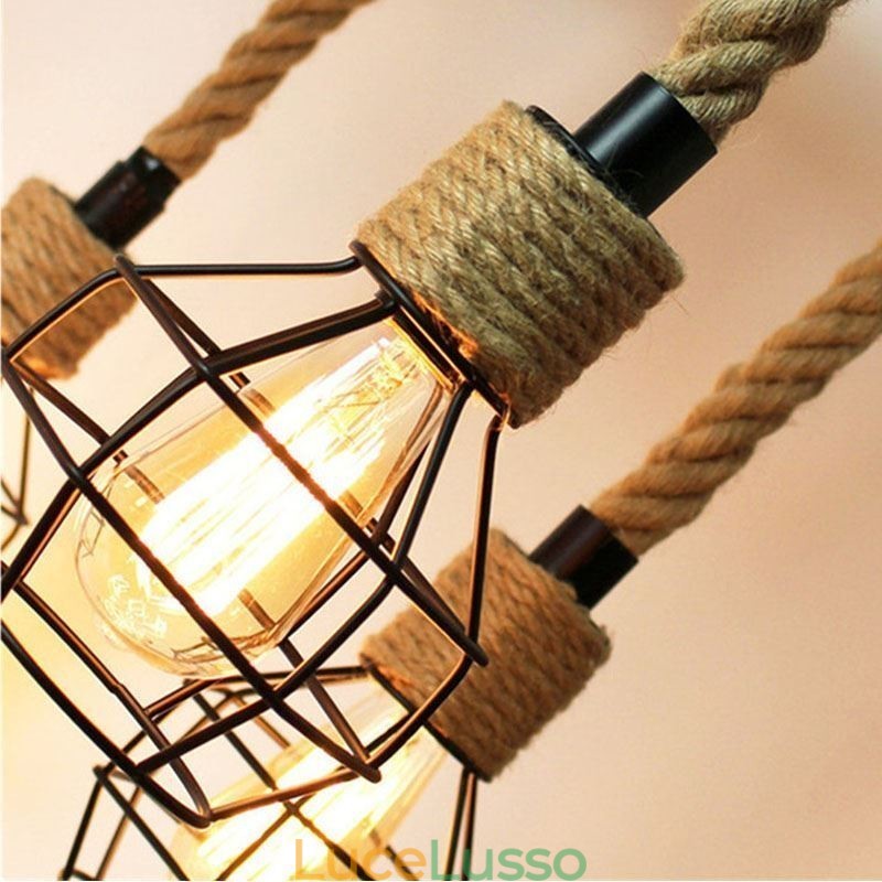 Lampadario a sospensione in corda di canapa con 6 teste in stile retrò e paralume in ferro