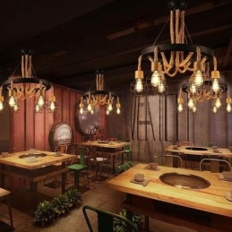 Lampadario a sospensione in corda di canapa con 6 teste in stile retrò e paralume in ferro