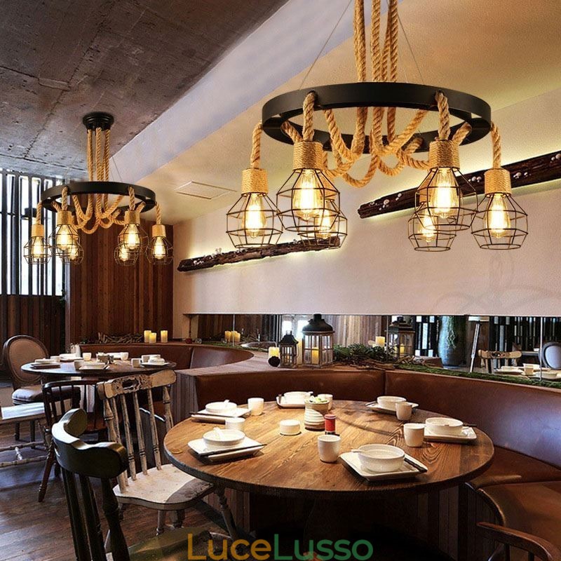 Lampadario a sospensione in corda di canapa con 6 teste in stile retrò e paralume in ferro