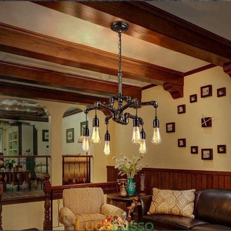 Lampadario a sospensione con tubo dell'acqua vintage industriale retrò a 6 luci, stile rustico country