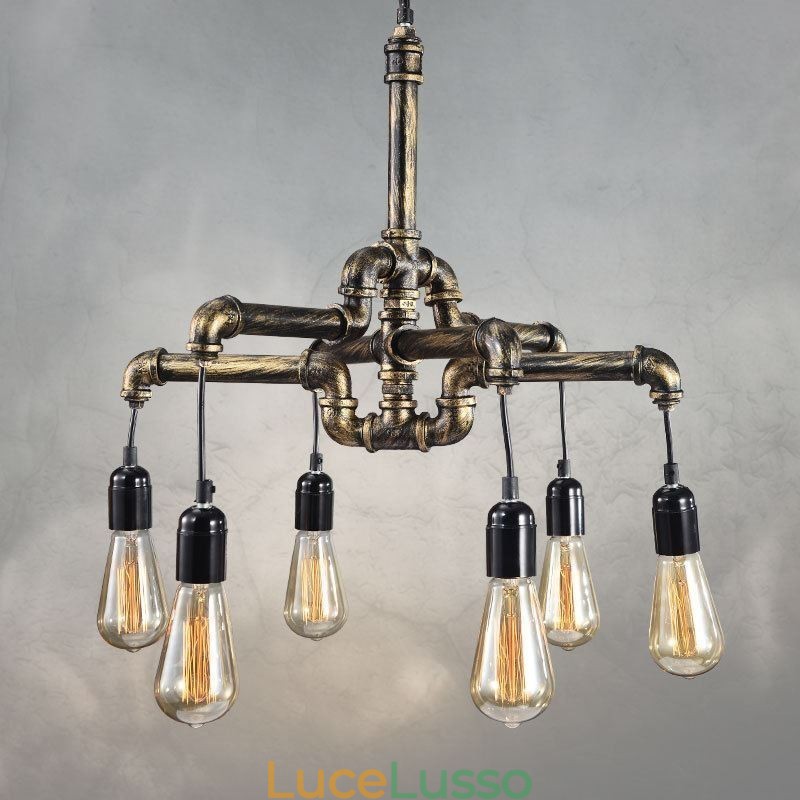 Lampadario a sospensione con tubo dell'acqua vintage industriale retrò a 6 luci, stile rustico country