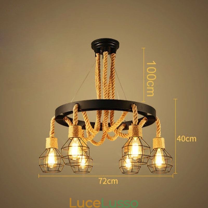 Lampadario a sospensione in corda di canapa con 6 teste in stile retrò e paralume in ferro