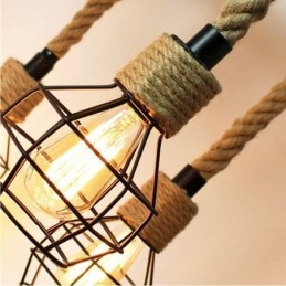 Lampadario a sospensione in corda di canapa con 6 teste in stile retrò e paralume in ferro