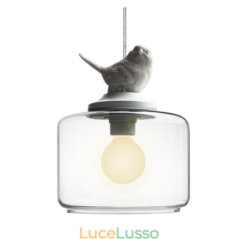 Lampada a sospensione in vetro in stile retrò, illuminazione decorativa a forma di uccellino