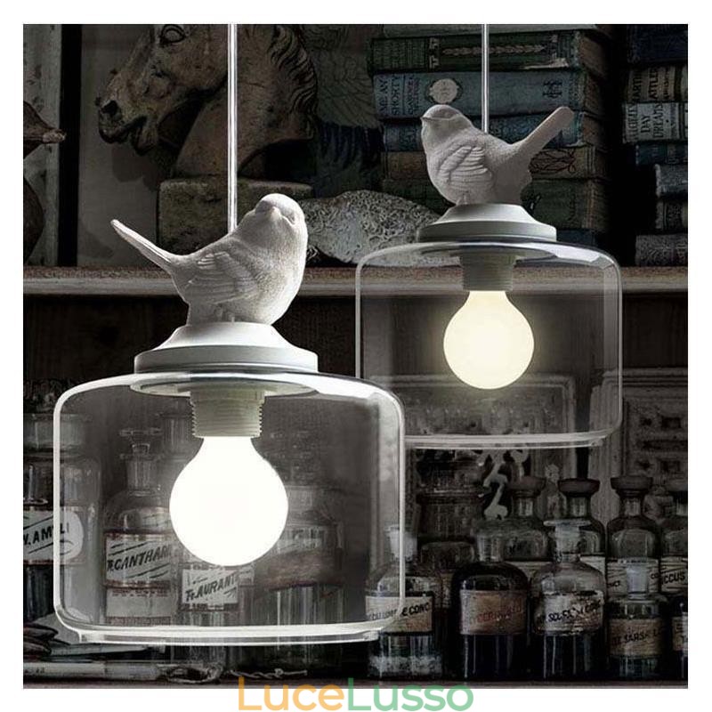 Lampada a sospensione in vetro in stile retrò, illuminazione decorativa a forma di uccellino